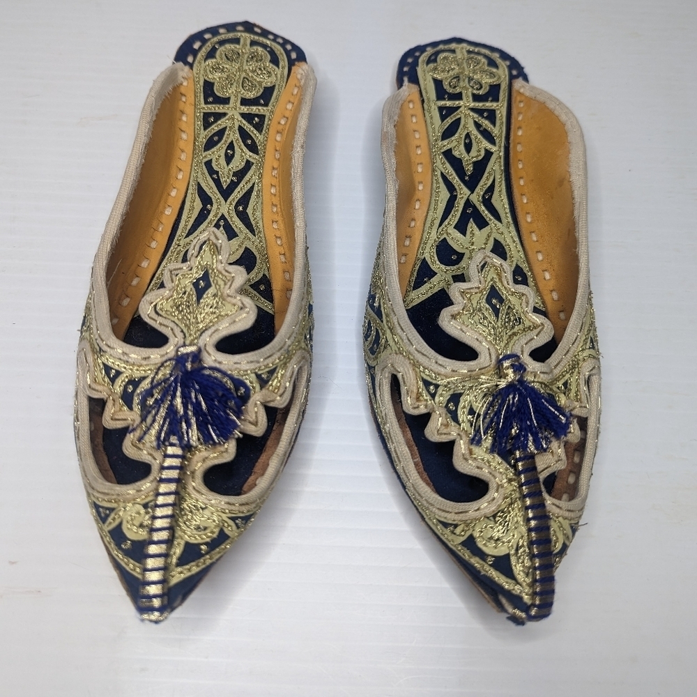Women's Persian Indian slip on dress shoe sandal blue Gold intricate details 37